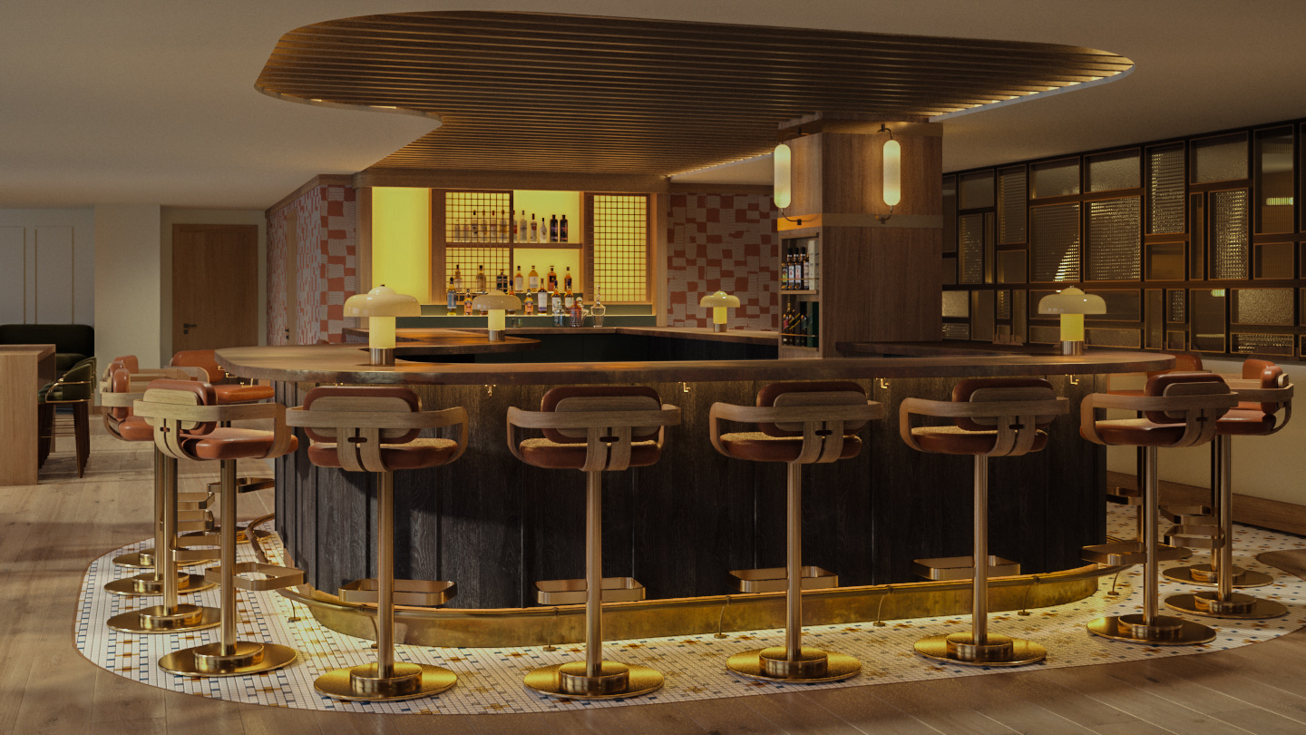 Lobby bar rendering of Social at Rimrock Banff, Emblems Collection showcasing elegant alpine interiors and a sophisticated gathering space.