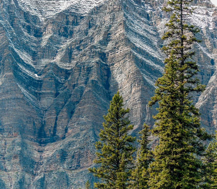 Mountain with snow and sky near Moraine Lake.