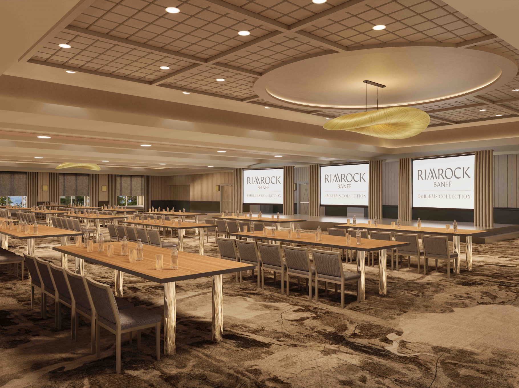 Architectural rendering of Solstice, Rimrock Banff's spacious meeting venue, set in a classroom layout with long tables, integrated presentation screens, warm lighting, and contemporary mountain-inspired design.