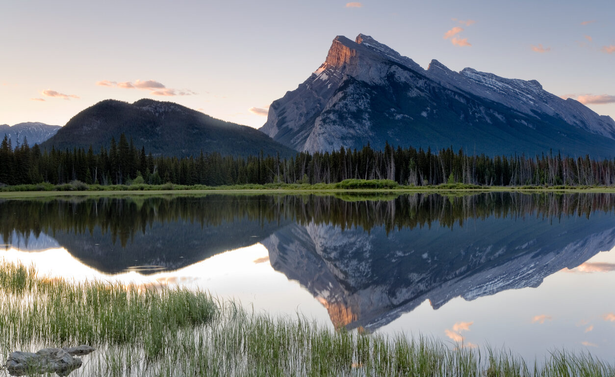 Calm water in Vermilion Lake with Mount Rundle in the background, Banff National Park, Alberta, Canada