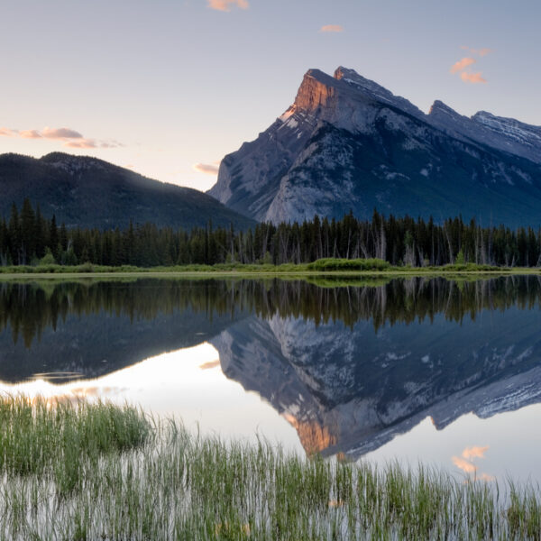 Calm water in Vermillion Lake with Mount Rundle in the background, Banff National Park, Alberta, Canada