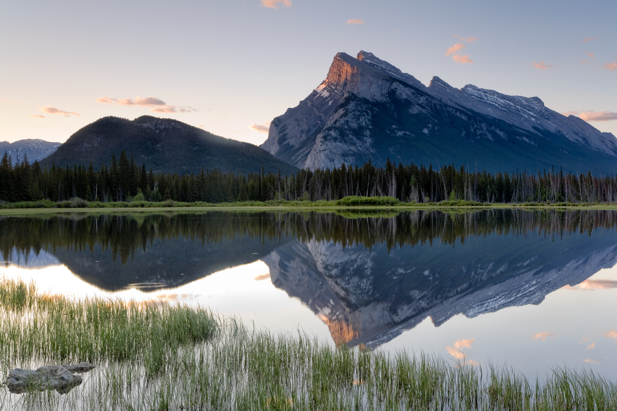 Calm water in Vermillion Lake with Mount Rundle in the background, Banff National Park, Alberta, Canada