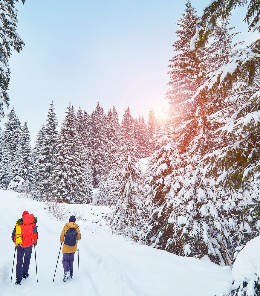 Two people on a guided snowshoe tour in Banff